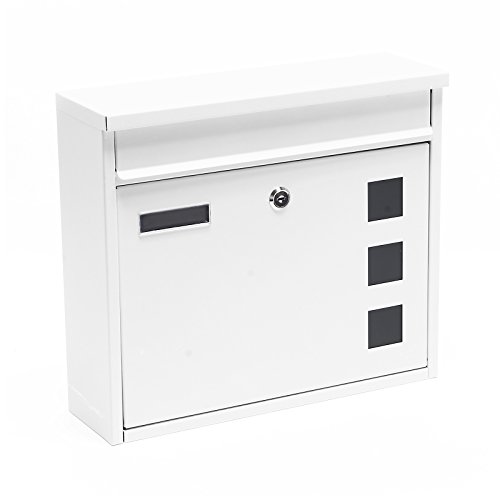 Wiltec Briefkasten V12 weiß 360 x 115 x 320 mm, Wandbriefkasten mit Schloss, Sichtfenstern und Namensschild, Postkasten aus Stahl galvanisiert von Wiltec