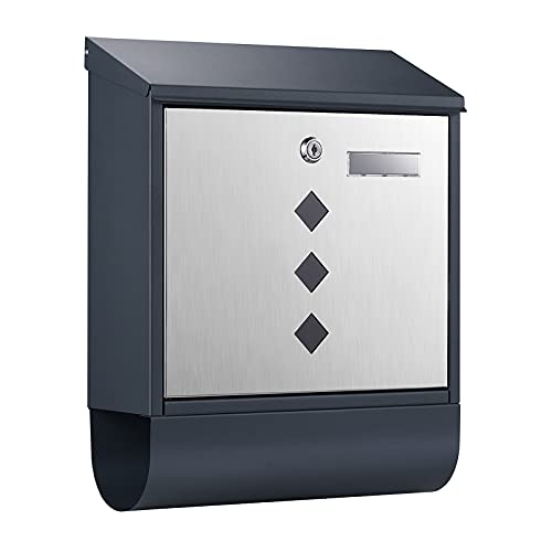 Wiltec Designer Briefkasten V36 Anthrazit und Edelstahl 305 x 105 x 385 mm, Wandbriefkasten mit Schloss, Sichtfenstern, Namensschild, Zeitungsrolle, Postkasten aus galvanisiertem Stahl von Wiltec