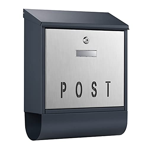 Wiltec Designer Briefkasten V38 Anthrazit und Edelstahl 305 x 105 x 385 mm, Wandbriefkasten mit Schloss, Namensschild, Zeitungsrolle, Postkasten aus galvanisiertem Stahl von Wiltec