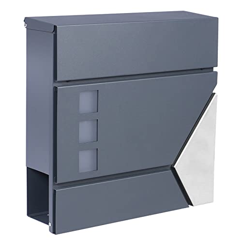 Wiltec Designer Briefkasten V48 Anthrazit und Edelstahl 370 x 105 x 370 mm, Wandbriefkasten mit Schloss, Sichtfenstern, Zeitungsrolle, Postkasten aus galvanisiertem Stahl von Wiltec