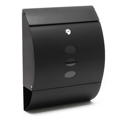 Wiltec Designer Briefkasten V18 schwarz 305 x 120 x 400 mm, Wandbriefkasten mit Schloss, Sichtfenstern und Zeitungsrolle, Postkasten aus pulverbeschichtetem Stahl von Wiltec