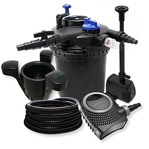 Druckfilter Set: 30000l Filter, 18W UVC Klärer, 70W Pumpe, Schlauch, Springbrunnenpumpe und Skimmer von Wiltec