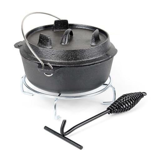 Dutch Oven 3l mit Untersetzer und Deckelheber, Kochtopf aus Gusseisen für Lagerfeuer und Camping von Wiltec