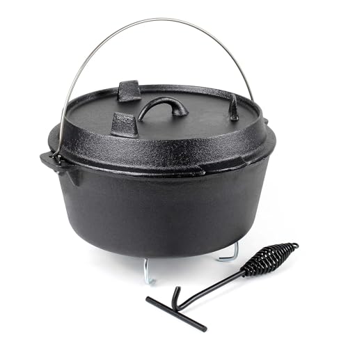 Dutch Oven 9l mit Untersetzer und Deckelheber, Kochtopf aus Gusseisen für Lagerfeuer und Camping von Wiltec