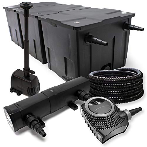 Wiltec Komplettset: CBF-350C Teichfilter bis 90000 L Teichfilteranlage, NEO10000 Teichpumpe 10000l/h 80W, CUV-224 Teichklärer 24W, 25m Teichschlauch 25 mm, HJ-943 Springbrunnen 800l/h 16W von Wiltec