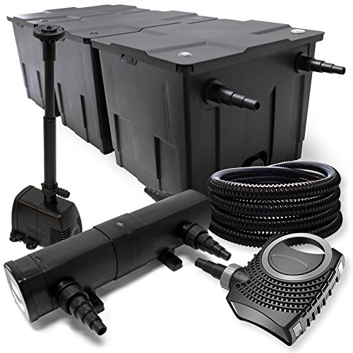 Wiltec Komplettset: CBF-350C Teichfilter bis 90000 L Teichfilteranlage, NEO10000 Teichpumpe 10000l/h 80W, CUV-236 Teichklärer 36W, 25m Teichschlauch 25 mm, HJ-943 Springbrunnen 800l/h 16W von Wiltec