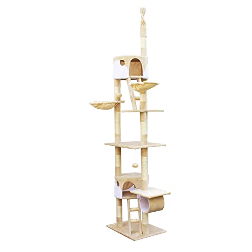 Wiltec Kratzbaum 240-260 cm beige/weiß, Katzenkratzbaum deckenhoch mit Sisal, Kletterbaum für Katzen, Deckenspanner Katzenbaum mit Hängematten von Wiltec