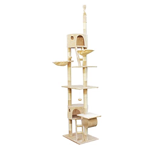 Wiltec Kratzbaum 240-260 cm beige, Katzenkratzbaum deckenhoch mit Sisal, Kletterbaum für Katzen, Deckenspanner Katzenbaum mit Hängematten von Wiltec