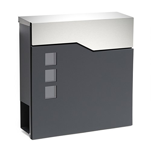 Wiltec Designer Briefkasten V20 anthrazit und Edelstahl 370 x 105 x 370 mm, Wandbriefkasten mit Schloss, Sichtfenstern und Zeitungsrolle, Postkasten aus pulverbeschichtetem Stahl von Wiltec