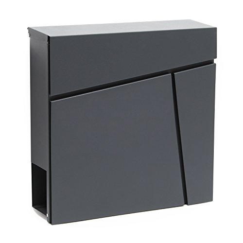 Wiltec Designer Briefkasten V23 anthrazit 370 x 105 x 370 mm, Wandbriefkasten mit Schloss und Zeitungsrolle, Postkasten aus pulverbeschichtetem Stahl von Wiltec