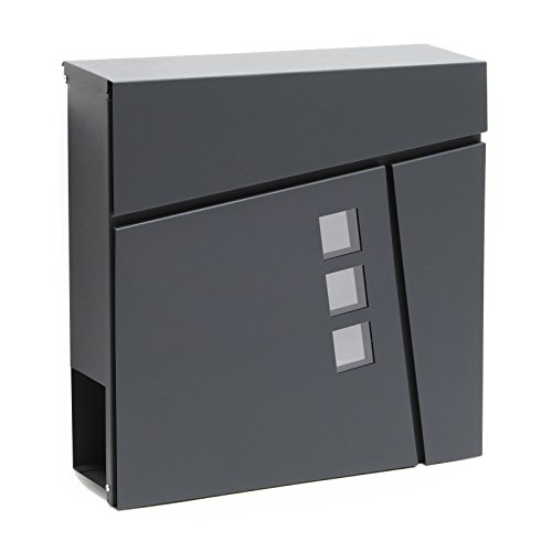 Wiltec Designer Briefkasten V24 Anthrazit 370 x 105 x 370 mm, Wandbriefkasten mit Schloss, Sichtfenstern und Zeitungsrolle, Postkasten aus pulverbeschichtetem Stahl von Wiltec