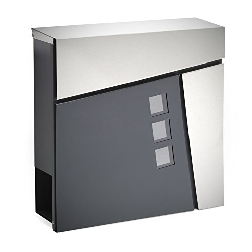 Wiltec Designer Briefkasten V24 Anthrazit und Edelstahl 370 x 105 x 370 mm, Wandbriefkasten mit Schloss, Sichtfenstern und Zeitungsrolle, Postkasten aus pulverbeschichtetem Stahl von Wiltec