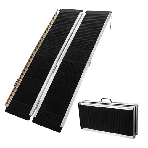 Wiltec Rollstuhlrampe doppelt faltbar 244cm 270kg, Mobile Auffahrschiene mit Rutschfester Oberfläche als Rollirampe, Aluminium Kofferrampe von Wiltec