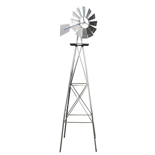 XPOtool Windrad mit 245 cm Höhe, Windmühle in Silberfarben, Windspiel im US-Design, Gartendeko mit kugelgelagertem Texasrad, Rankhilfe für Garten von Wiltec