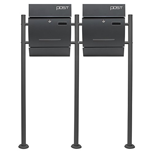 Wiltec 2er Set Designer Briefkasten V4 Anthrazit 1000 x 135 x 1200 mm, Wandbriefkasten mit Schloss, Sichtschlitz, Namensschild, Zeitungsrolle, Ständer, Postkasten pulverbeschichteter Stahl von Wiltec