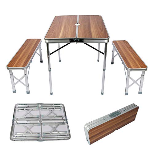 Wiltec Koffertisch mit 2 Bänken Holzdesign Aluminium 90x66x70 cm Campingtisch klappbar Sitzgruppe Campingmöbel Outdoor Tisch von Wiltec
