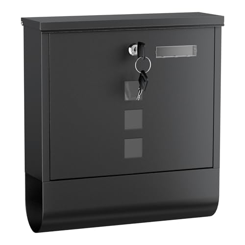 Wiltec Briefkasten mit Zeitungsrolle, schwarz, 305 x 95 x 335 mm, Wandbriefkasten mit Namensschild, Sichtfenstern, Schloss und Zeitungsrolle, Postkasten aus pulverbeschichtetem Stahl von Wiltec