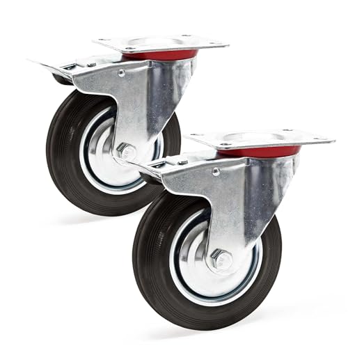 Wiltec Doppelstopp-Lenkrollen Set 2x Vollgummirad Transportrolle 200mm bis 150kg pro Rad mit Feststellbremse und Anbauplatte, leiser Lauf, Transportrollen Möbelrollen von Wiltec