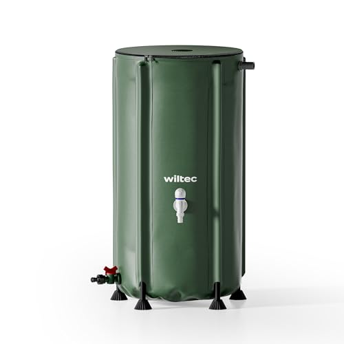 Wiltec Faltbare Regentonne 100 l mit Deckel, Regenfass aus 620 g/m² PVC, Regenwassertank mit Wasserhahn, Wasserspeicher Garten mit Schlauchanschluss von Wiltec