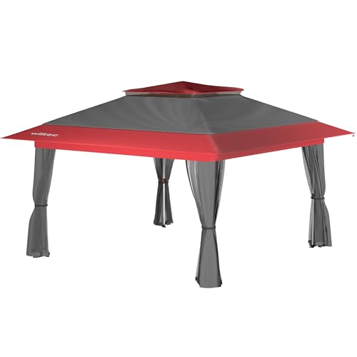 Wiltec Faltpavillon Moskitonetz 3,92 x 3,92 m grau rot, Gartenpavillon mit Rädern und Mückennetz, Partyzelt mit One Push-Technik und verstellbaren Beinen von Wiltec