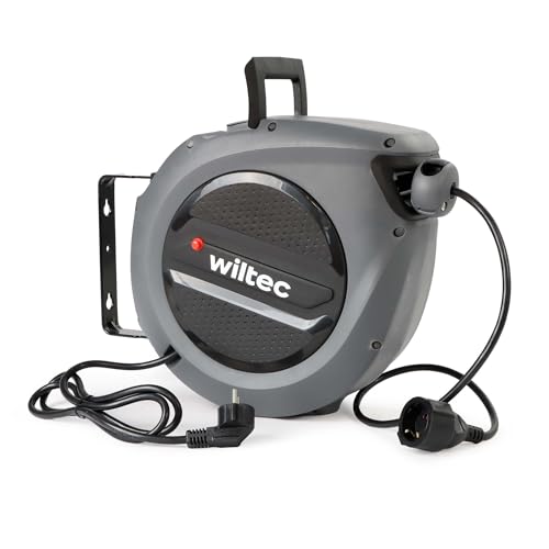 Wiltec Kabeltrommel 20 m + 2 m, automatischer Kabelaufroller 1500 – 3200 W, Verlängerungskabel Trommel 180° Halterung, robuste Kabel Trommel von Wiltec