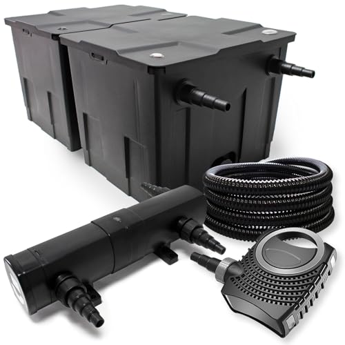 Wiltec Komplettset: CBF-350B Teichfilter bis 60000 L Teichfilteranlage als Durchlauffilter, NEO10000 SuperECO Teichpumpe 10000l/h 80W, CUV-218 Teichklärer UVC Klärer mit 18W, 25m Teichschlauch 25 mm von Wiltec