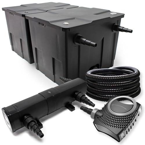 Wiltec Komplettset: CBF-350B Teichfilter bis 60000 L Teichfilteranlage als Durchlauffilter, NEO10000 SuperECO Teichpumpe 10000l/h 80W, CUV-224 Teichklärer UVC Klärer mit 24W, 25m Teichschlauch 25 mm von Wiltec