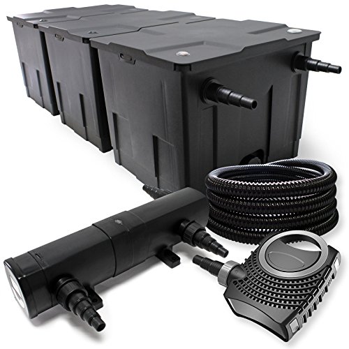 Wiltec Komplettset: CBF-350C Teichfilter bis 90000 L Teichfilteranlage als Durchlauffilter, NEO10000 SuperECO Teichpumpe 10000l/h 80W, CUV-236 Teichklärer UVC Klärer mit 36W, 25m Teichschlauch 25 mm von Wiltec