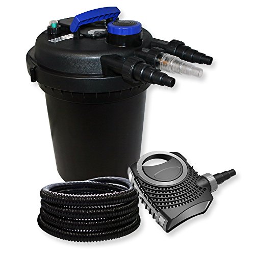 Wiltec Komplettset: CPF-250 Teichdruckfilter bis 10000 L Teich mit 11W Teichklärer, NEO8000 SuperEco Teichpumpe 8000l/h 70W, 25m Teichschlauch 25 mm (1") von Wiltec