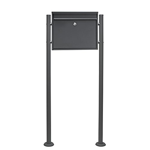 Wiltec Set Briefkasten V13 schwarz 360 x 105 x 315 mm mit Ständer, Wandbriefkasten mit Schloss und Klappe, Postkasten aus Stahl pulverbeschichtet von Wiltec