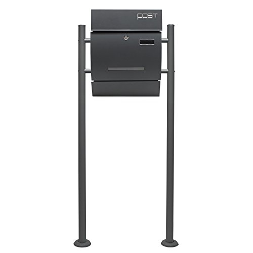Wiltec Set Designer Briefkasten V4 Anthrazit 350 x 95 x 445 mm mit Ständer, Wandbriefkasten mit Schloss, Sichtschlitz, Namensschild und Zeitungsrolle, Postkasten aus pulverbeschichtetem Stahl von Wiltec