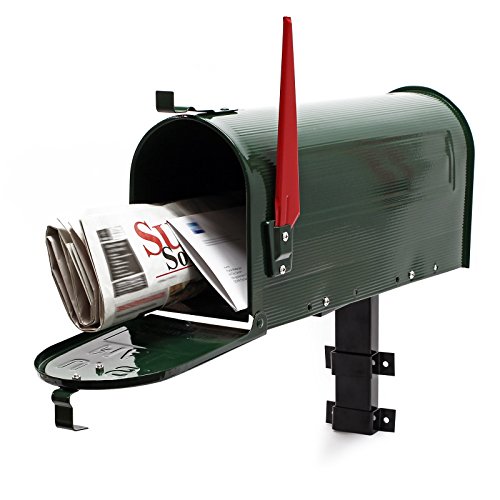 Wiltec Set US Mailbox grün 180 x 220 x 480 mm, amerikanischer Briefkasten mit Fahne, Standbriefkasten Stahl amerikanisches Design mit passender Wandhalterung von Wiltec