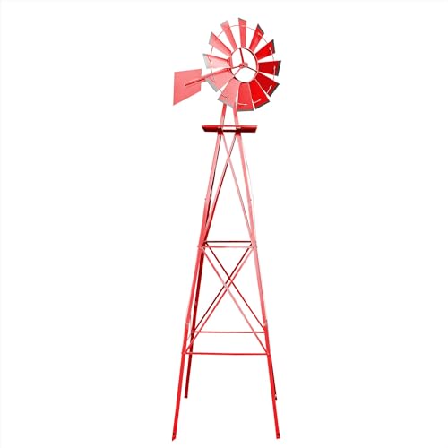 Wiltec Windrad mit 245 cm Höhe, Windmühle in Rot, Windspiel im US-Design, Gartendeko mit kugelgelagertem Texasrad, Rankhilfe für Garten von Wiltec