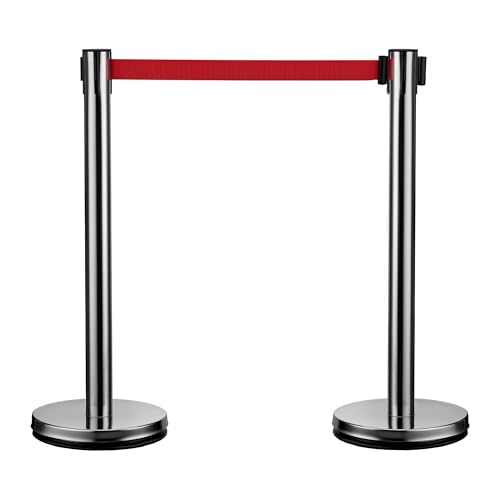 Wiltec mobile Absperrpfosten 32 x 7 x 90 cm in Silberfarben, rotes 200 cm Zugband, Absperrständer aus rostfreiem Stahl, Personenleitsystem für Veranstaltungen von Wiltec