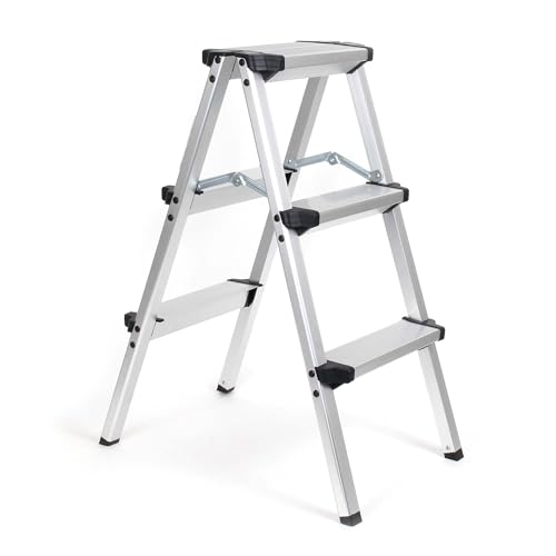 Wiltec Klappleiter aus Aluminium bis 150 kg, beidseitig nutzbare Trittleiter, Aluleiter 73 cm mit 3 Stufen, Stehleiter mit Rutschfester Trittfläche von Wiltec