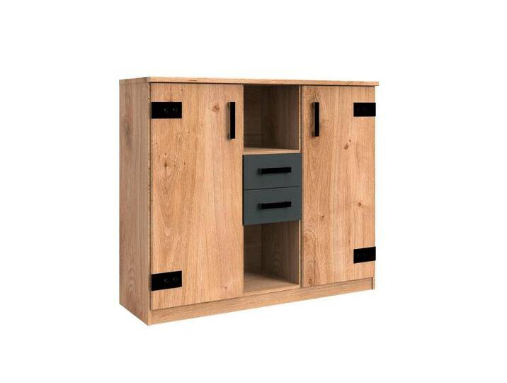 Kombikommode WIMEX Liverpool, Schrank 2trg.mit 2 Schubladen, Made in Germany , grau (plankeneiche, nachbildung, abgesetzt graphitfarben), B:124cm H:105cm T:41cm, Sideboards, mit Soft-Close, 124/41/105cm, Industrial Design von Wimex