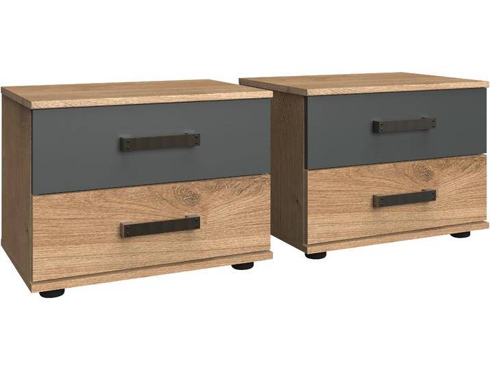 Nachttisch WIMEX Stockholm, Nachtkommode 52cm breit, Made in Germany , grau (eichefarben, grau), B:52cm H:40cm T:38cm, Pflegeleichte Kunststoffoberfläche Griffe aus Kunststoff, schwarz Schubkästen auf Metalllaufleisten, Tische, Industrial Look, 2 Höhen zur Auswahl, einzeln oder im 2er Set von Wimex