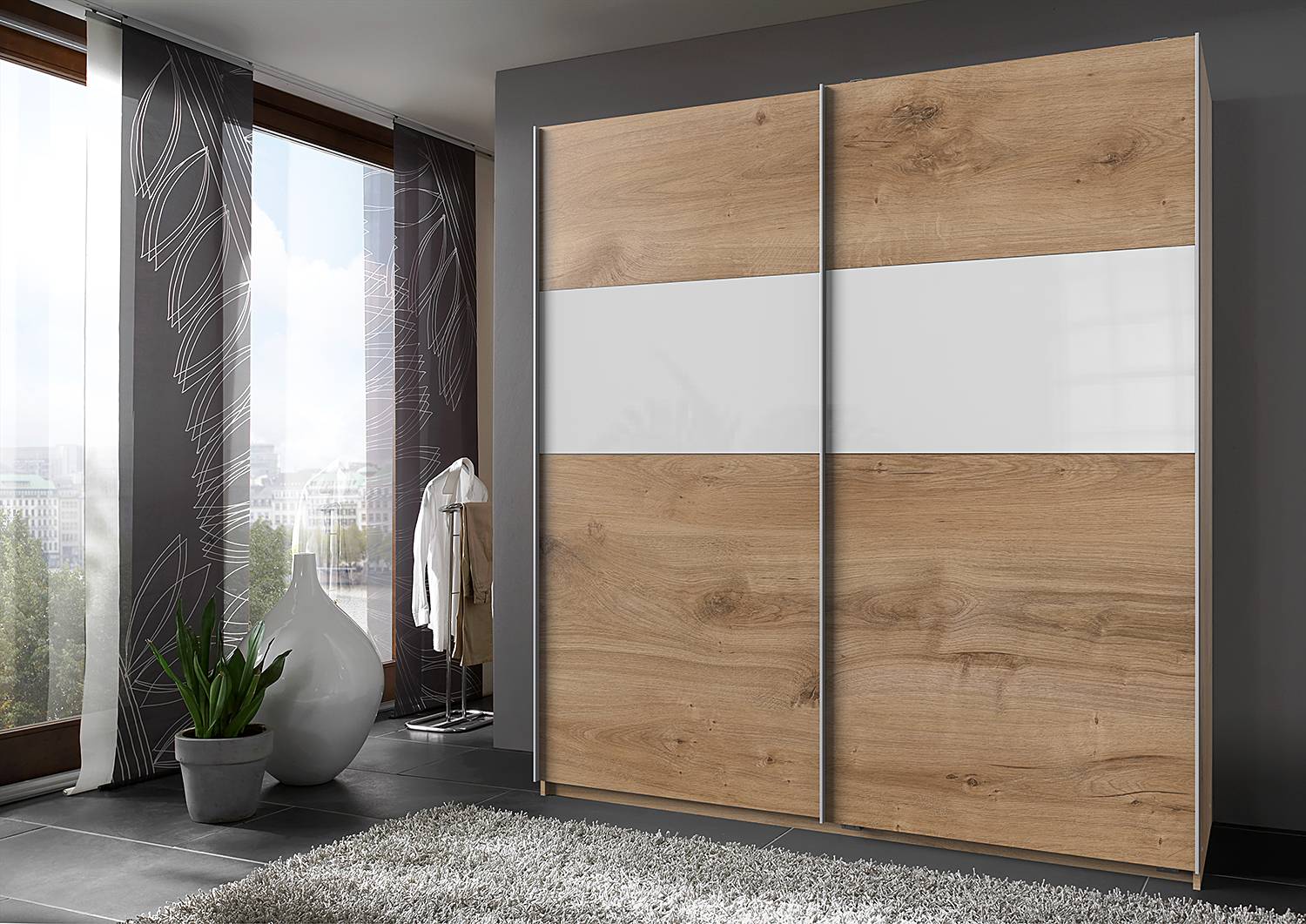home24 Schwebetürenschrank Bramfeld 1 180cm Braun/Eiche Dekor/Weiß von home24