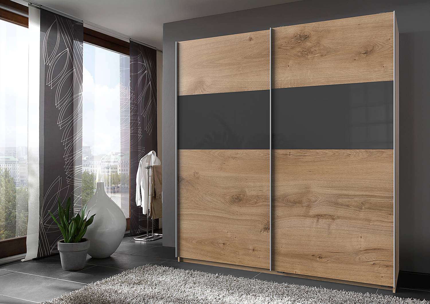 home24 Schwebetürenschrank Bramfeld 1 135cm Braun/Eiche Dekor/Graphit von home24