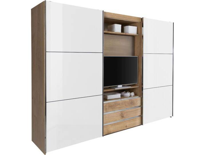 Schwebetürenschrank WIMEX Magic by fresh to go , braun (plankeneichefarben, außentüren weißglas), B:300cm H:216cm T:65cm, Schränke, tolles EXTRA: mit drehbarem TV-Element, Fronten aus Glas, Topseller von Wimex