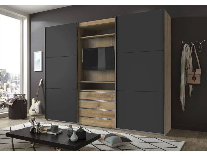 Schwebetürenschrank WIMEX Magic by fresh to go , grau (plankeneiche nachbildung, graphit), B:300cm H:236cm T:65cm, Schränke, tolles EXTRA: mit drehbarem TV-Element, mittig mit Schubladen von Wimex
