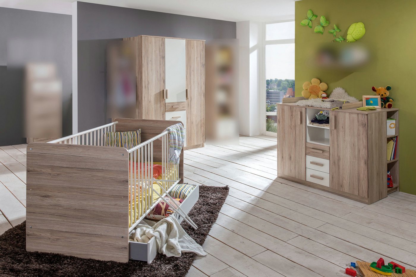 möbel-direkt.de Babyzimmer-Komplettset Cariba, (Komplett Set, 6-St., Schrank, Bett, Umbauseiten, Bettschubkasten, Wickelkommode, Regale), Made in Germany, Wickelkommode mit Soft Close von möbel-direkt.de