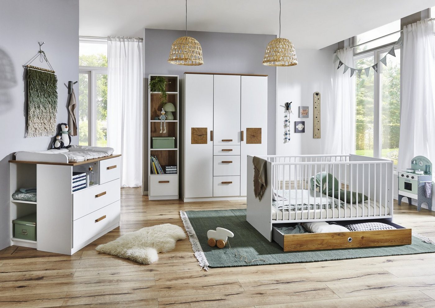 möbel-direkt.de Babyzimmer-Komplettset Gotland, (Komplett Set, 6-St., Kleiderschrank, Babybett, Umbauseiten, Wickelkommode, Regale), Made in Germany, moderne Plankeneiche mit Hirnholz von möbel-direkt.de