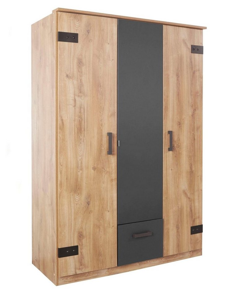 Wimex Drehtürenschrank Glasgow (mit Türen, Schubladen, Einlegeböden, Kleiderstangen, 1-St., industrie Design, Bügelgriffe in schwarz) 135x58x198cm Plankeneiche/ Graphit von Wimex