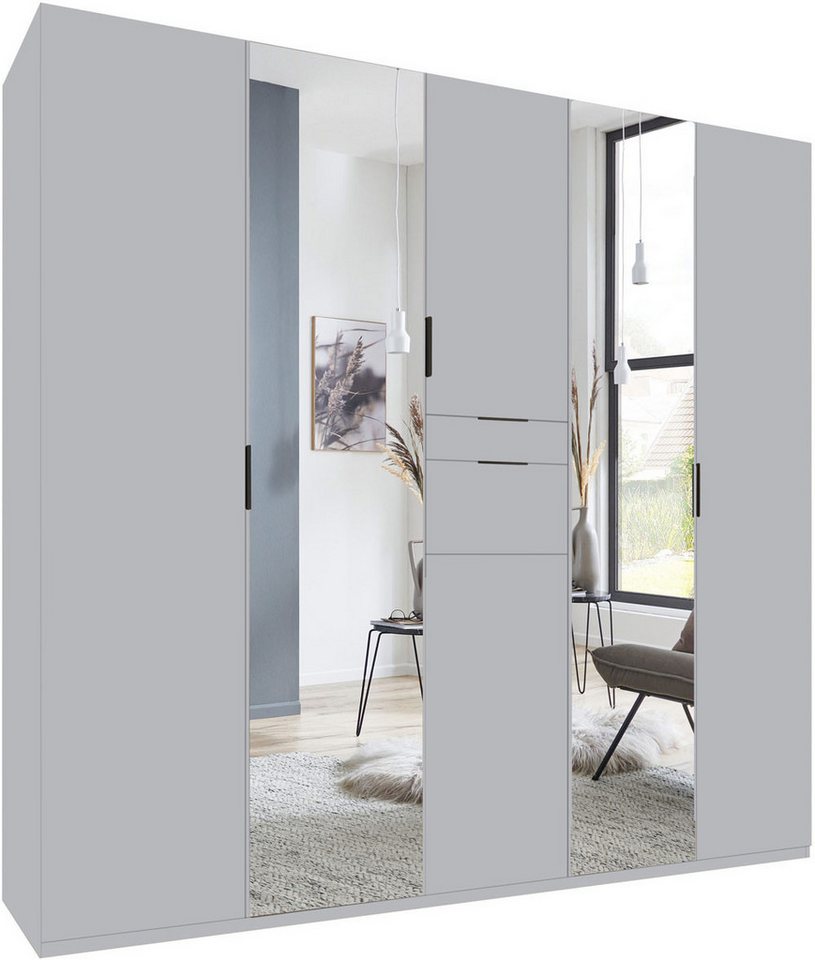 Wimex Drehtürenschrank Moldau (mit Drehtüren, Schubladen, Einlegeböden, Kleiderstangen, 1-St., moderne Optik, Metallgriffe in Schwarz, mit Spiegel) 225x58x208cm Lichtgrau Spiegel von Wimex