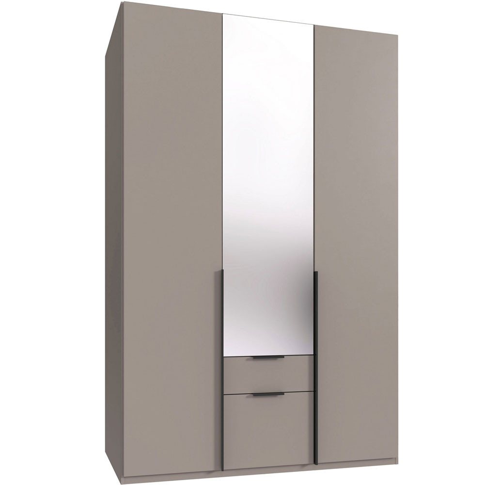 Wimex Drehtürenschrank Mugano (3-türig, 4 Einlegeböden, 2 Kleiderstangen, 2 Schubladen, 1-St., moderne Optik, Metallgriffe in schwarz) 135x58x208cm Saharagrau matt Premium von Wimex