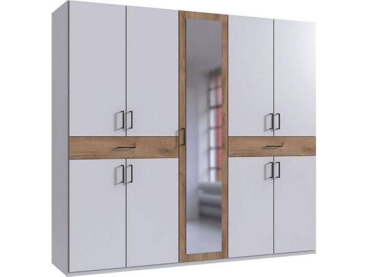 Wimex Drehtürenschrank Tibet (mit Türen, Schubladen, Einlegeböden, Kleiderstangen, 1-St., moderne Optik, mit Spiegel, Kunststoffgriffe) 225x58x208cm weiß Plankeneiche 11-türig von Wimex