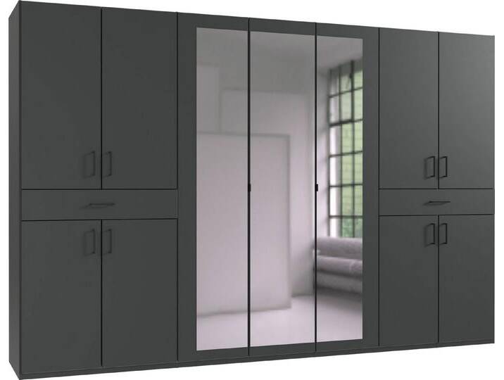 Wimex Drehtürenschrank Tibet (mit Türen, Schubladen, Einlegeböden, Kleiderstangen, 1-St., moderne Optik, mit Spiegel, Kunststoffgriffe) graphit 313x58x208cm 11-türig von Wimex