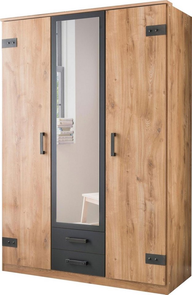 Wimex Kleiderschrank Cork (mit Türen, mit Spiegel, mit Schubladen, 1-St., moderner Kleiderschrank 3-türig) 135x58x199cm Plankeneiche graphit von Wimex
