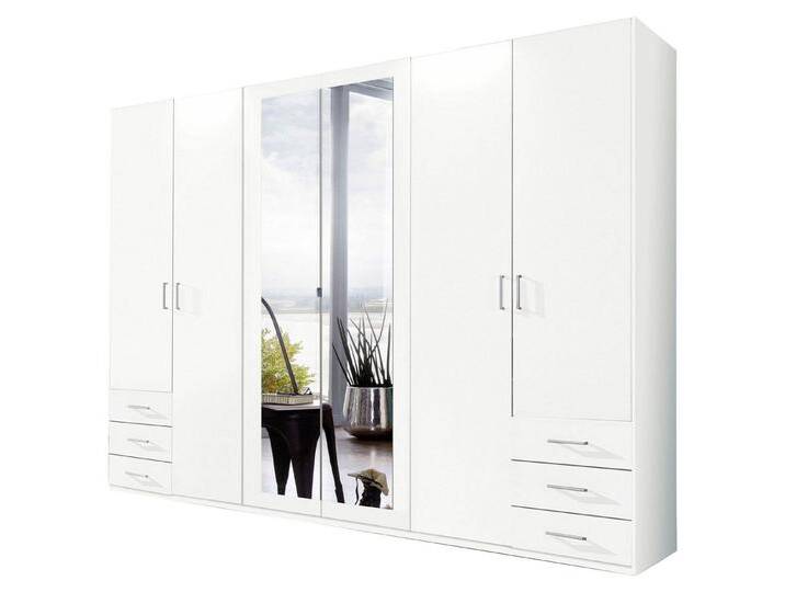 Wimex Kleiderschrank Fügen (Holztüren, Spiegeltüren, Schubladen, Einlegeböden, Kleiderstangen, 1-St., moderne Optik, alufarbene Bügelgriffe, mit Spiegel) 270x58x208cm / weiß von Wimex